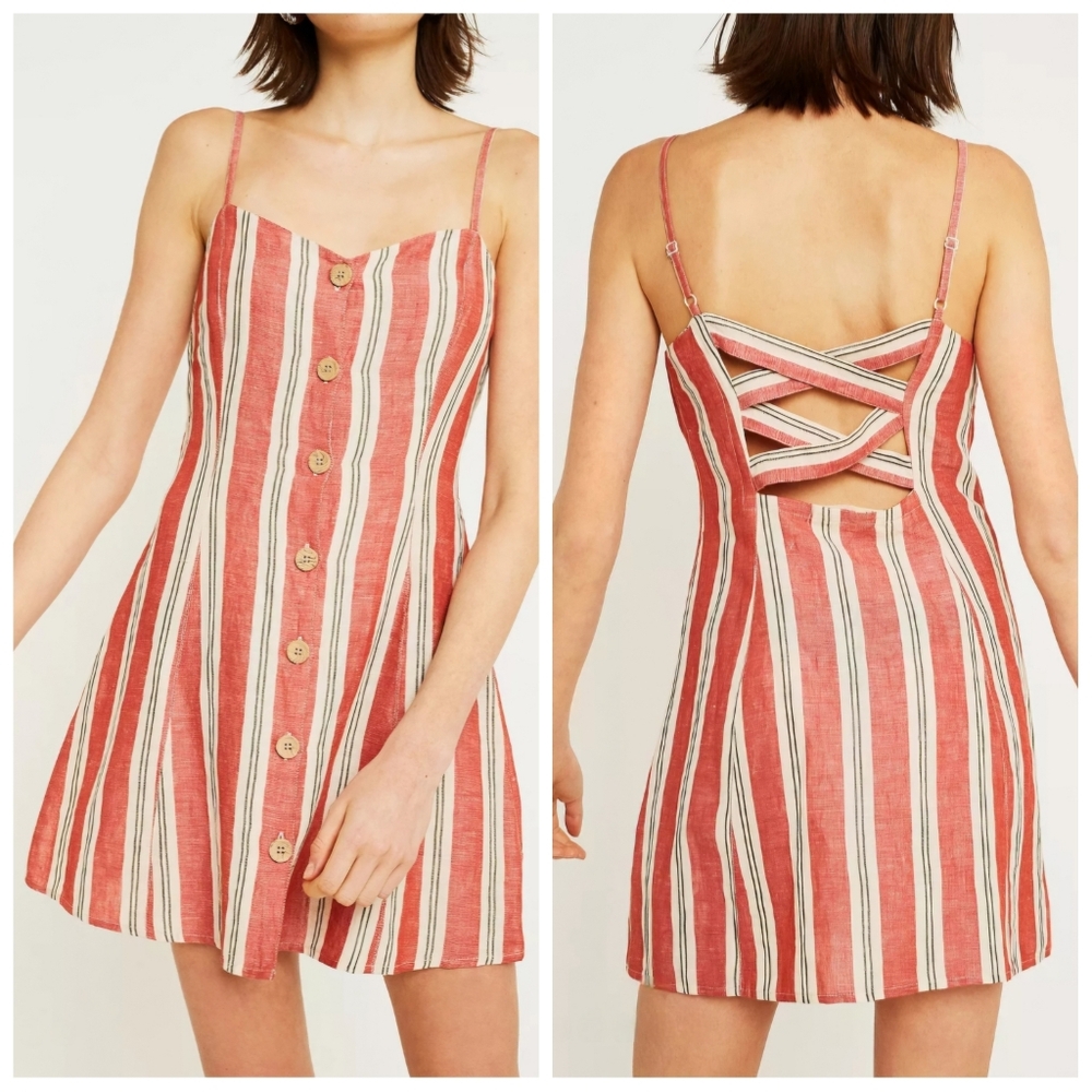 Urban Outfitters Striped Ladder Back Linen Mini Dress Size Small - Chic Summer - Picture 9 of 9